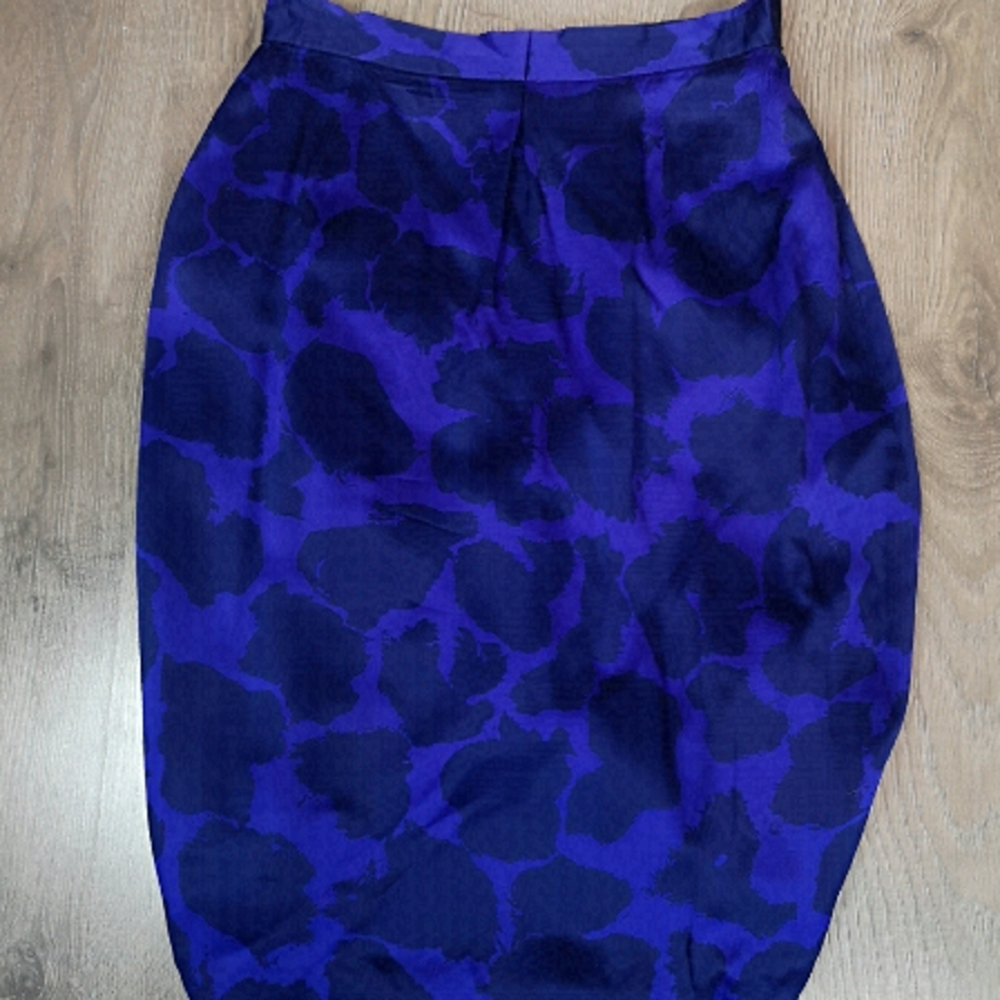 AUTHENTIC Vintage Louis Feraud Floral Blue Satin Silk Skirt at TheStyleMinr.com